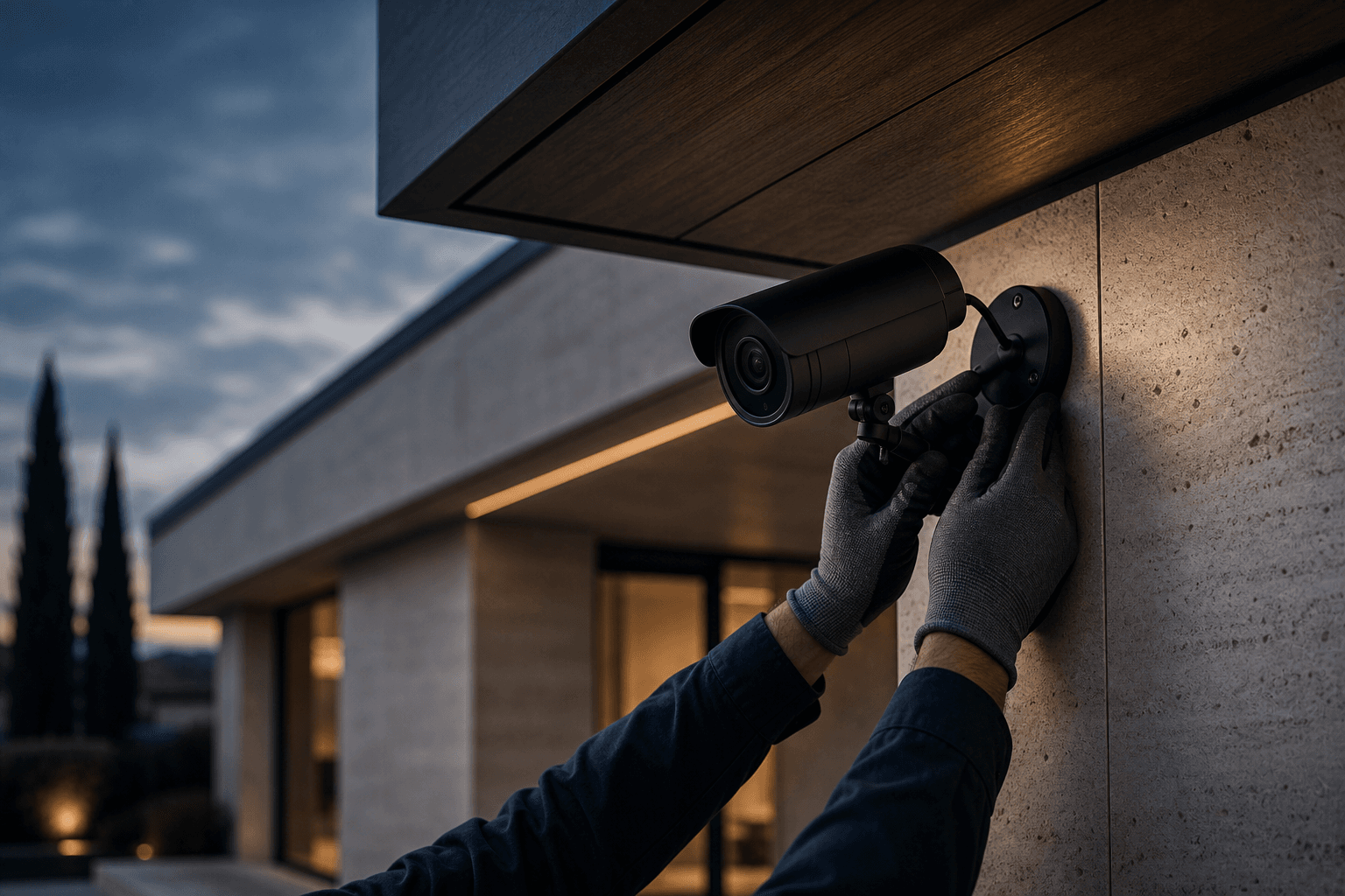 Tecnico che installa una telecamera di sicurezza esterna